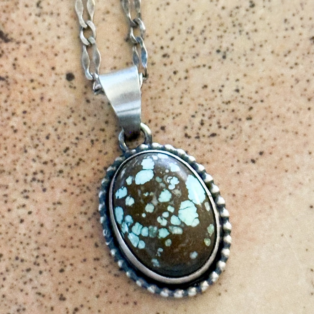 Signed Scott Skeets Navajo Kingman Turquoise Pendant Necklace Sterling Silver - Picture 5 of 8
